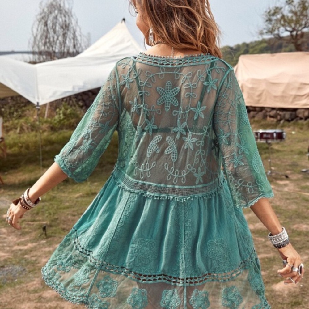 040 Bohemian Floral Embroidered Beach Cover up - Picture 3 of 11